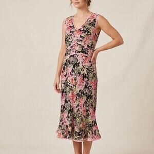Lily Dress XL Black Pink Floral Rayon Midi Sleeveless V-Neck Vintage Style